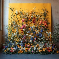 Fototapete - Yellow backdrop set with a beautiful floral theme capturing a realistic photo of various flowers artfully arranged The backdrop's color complements the floral display enhancing the visual appeal