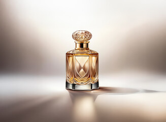 Poster - elegant glass perfume bottle with golden liquid inside, softly lit against a neutral background. the