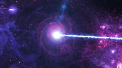 Wall Mural - Space phenomenon with an intense light beam shooting through a galaxy.

A bright central point emits a powerful blue beam through a vibrant purple galaxy, creating a stunning cosmic effect.

