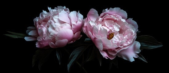 Wall Mural - Elegant pink peony flowers in full bloom, softly illuminated against a dark background, showcasing delicate petals and rich green leaves.