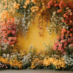 Fototapete - Yellow backdrop set with a beautiful floral theme capturing a realistic photo of various flowers artfully arranged The backdrop's color complements the floral display enhancing the visual appeal