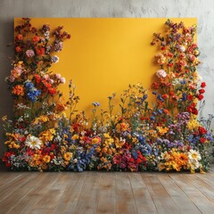 Poster - Yellow backdrop set with a beautiful floral theme capturing a realistic photo of various flowers artfully arranged The backdrop's color complements the floral display enhancing the visual appeal