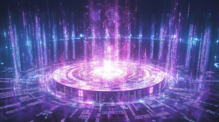 Poster - Futuristic Digital Landscape with Glowing Data Streams and Patterns