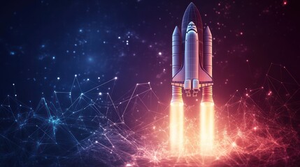 Poster - Space shuttle launching into vibrant nebula.