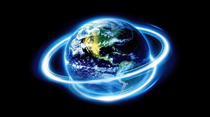 Wall Mural - Vibrant Earth Surrounded by Blue Luminous Rings and Dark Background