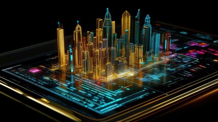 Poster - Futuristic Cityscape Design on Smartphone with Neon Elements