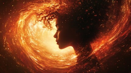 Poster - Abstract image of woman's profile surrounded a cosmic vortex of red gemstones and shimmering gold The swirling elements convey transformation with deep shadows adding to the surreal dreamlike quality