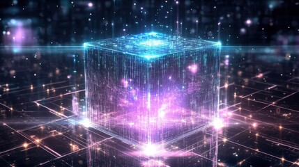 Poster - Vibrant Digital Cube Surrounded by Light and Particle Effects