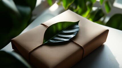 Wall Mural - Eco-Friendly Gift Wrapped in Brown Paper with a Green Leaf