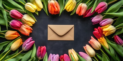 Canvas Print - Colorful tulips in shades of pink, yellow, orange, and purple arranged around a brown envelope on a dark surface creating a vibrant spring display.