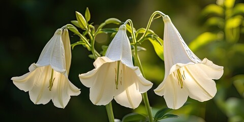 Sticker - Three elegant bell-shaped white flowers with green stems, softly illuminated against a blurred dark green background, showcasing delicate petals and vibrant yellow stamens.