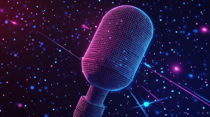 Wall Mural - Wireframe microphone in neon space.