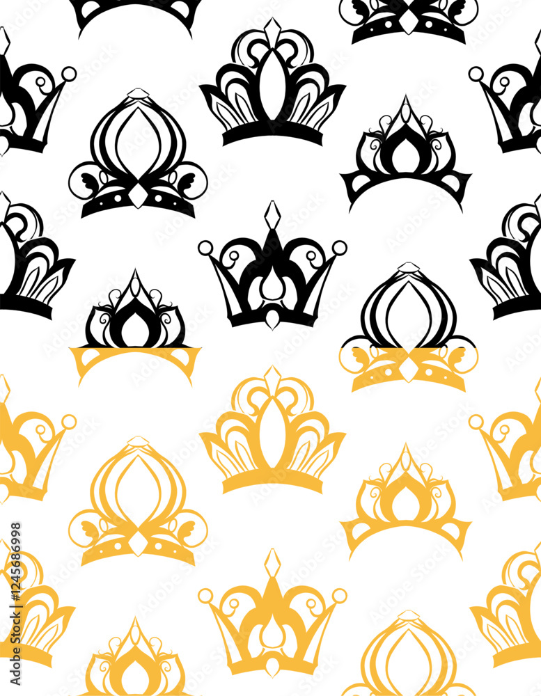 Vector set of seamless patterns with golden and black crowns on white ...