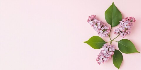 Canvas Print - Delicate lilac flowers arranged on soft pink background with lush green leaves positioned on the left creating a serene and elegant floral composition.