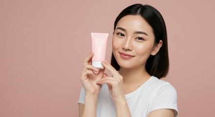 Young woman showcasing a pink skincare product against a soft pink background, smiling confidently