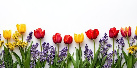 Sticker - Vibrant spring floral arrangement featuring red and yellow tulips with purple muscari on a flat white background ideal for greeting card design