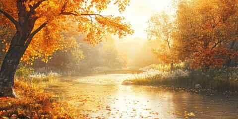 Sticker - Serene autumn landscape featuring vibrant orange and yellow leaves on trees by a tranquil river with soft sunlight filtering through foliage