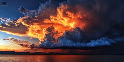 dramatic sunset cloud formation over calm waters with deep orange and dark blue hues reflecting on t