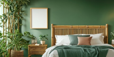 Canvas Print - Stylish bedroom featuring a green wall, rattan bed frame, white and green bedding, wooden nightstand, and lush indoor plants for a calming atmosphere