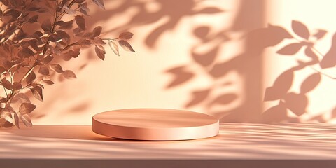 Canvas Print - Soft peach backdrop with subtle plant shadows, featuring a round pedestal centered on a minimalist shelf, evoking calm and elegance.