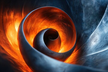 Poster - spiral shaped structure illuminated by bright orange light with abstract papaya design elements