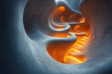Poster - close up view of a tunnel with light shining through and abstract spirals in zen papaya color scheme