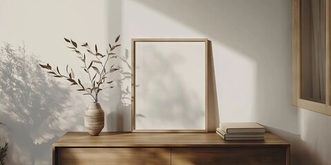 Canvas Print - Modern minimalist interior scene featuring a light wooden cabinet, blank framed artwork, stacked books, and a vase with branches, soft shadows.