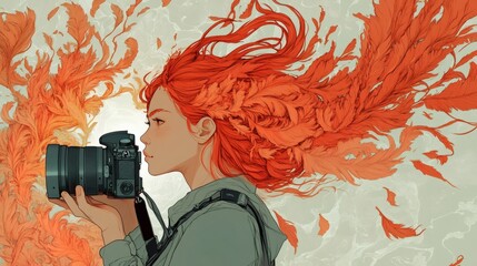 Fototapete - Infographicstyle illustration featuring photographer woman phoenixlike features in a moebiusbotanical design Highlights include her camera equipment and fiery feathered hair with detailed linework