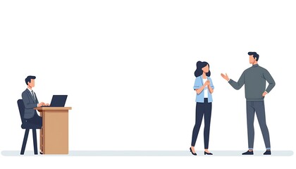 Poster - Isolated businesspeople: one working, a couple discussing, on white background.