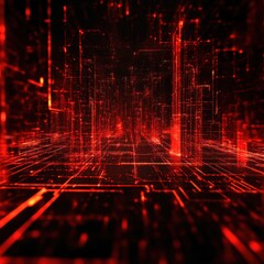 Poster - red abstract background featuring lines and squares with glowing 3d wireframe structures and shapes
