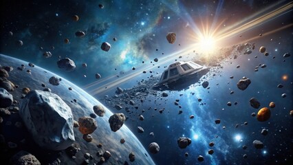 Wall Mural - A Solitary Vessel Navigates a Hazardous Asteroid Field Near a Celestial Body, Illuminated by a Distant Star's Radiant Glow