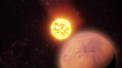 Wall Mural - A powerful sun shines brightly over Mars in space.

The star radiates intense light and energy, while Mars with its reddish surface and visible features orbits beneath it, set against a deep cosmic ba