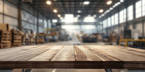 Canvas Print - Wooden tabletop in the foreground with a blurred warehouse background featuring warm lighting, shelves on the left and right, spacious layout.