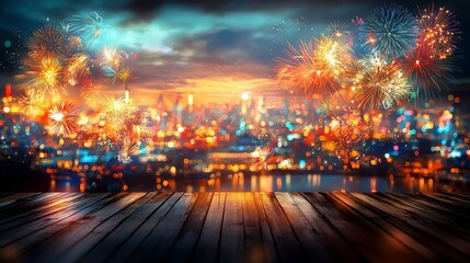 Canvas Print - Cityscape fireworks display over water, wooden deck foreground