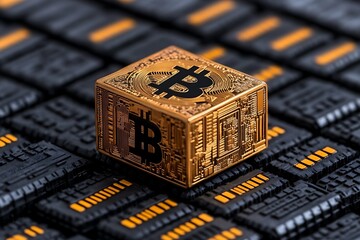 Poster - Golden Bitcoin Cube Resting on a Field of Black Circuit Boards