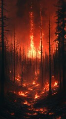 Poster - Charred remnants of forest after wildfire blackened tree trunks ashcovered ground glowing embers against a dark red sky The postapocalyptic scene is engulfed in a haunting atmosphere of destruction