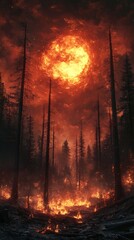 Poster - Charred remnants of forest after wildfire blackened tree trunks ashcovered ground glowing embers against a dark red sky The postapocalyptic scene is engulfed in a haunting atmosphere of destruction