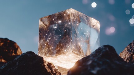 Poster - Floating cube of glowing numbers and sacred patterns hovers in cosmic space with deep blue and violet nebula backdrop, creating a futuristic and spiritual atmosphere