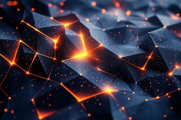 Fototapete - Abstract 3D composition of scattered polygons with glowing outlines., Generative AI