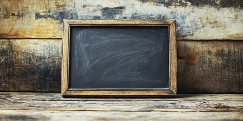 Canvas Print - Wooden framed black chalkboard resting on a rustic wooden surface, surrounded by weathered wooden planks in natural earthy tones.