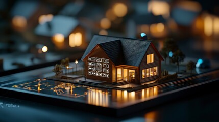 Poster - Miniature house model with glowing windows and detailed landscape in a night setting represents modern architecture