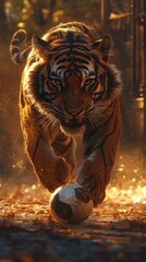 Poster - Cloaked shadow a fierce tiger jumps toward a soccer ball as the golden light of sunset casts long shadows creating a striking contrast between the tiger's form and the glowing warm surroundings