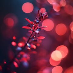 Wall Mural - Branch with red flowers and blurred bokeh background of sparkling lights in red tones