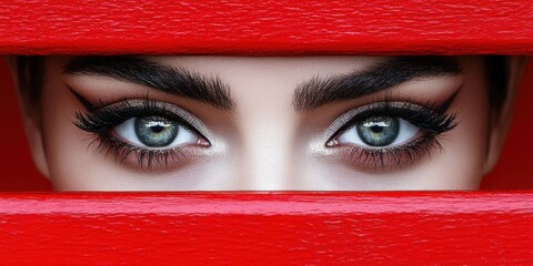 Poster - womans eyes visible through red curtain with zen papaya background and bold symmetry elements