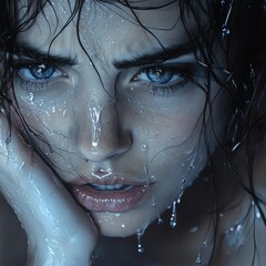 Fototapete - Closeup pencil drawing of woman crying her face covered by her hand with glistening blue tear droplets The image captures the depth of her sorrow with bold lines and soft lighting for intricate detail