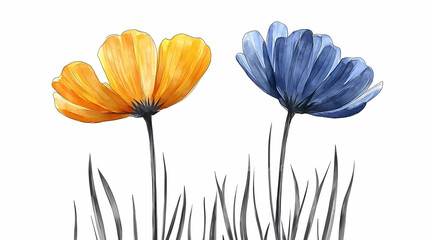 Poster - Orange and blue flowers in grass, nature illustration, design element