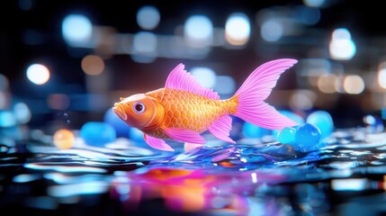 pixelated goldfish in vibrant blue water with glowing lights