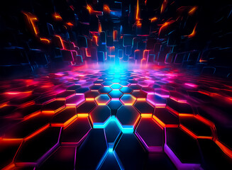Aufkleber - Abstract digital art featuring a perspective view of illuminated hexagonal tiles with vibrant neon colors and a dark background creating a futuristic and technological atmosphere.