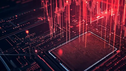 Leinwandbilder - Digital circuit board with glowing red data streams and nanotechnology dynamics