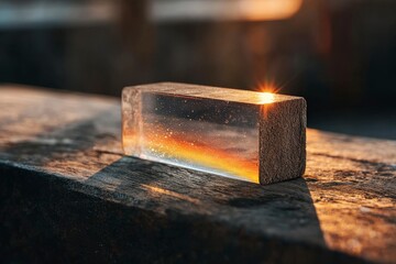 Poster - Stunning translucent block capturing sunset light reflections on wooden surface in tranquil natural setting